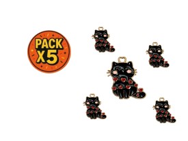 Dije Esmaltado Gatitos Negros Dorados con Corazones x 5 Unidades